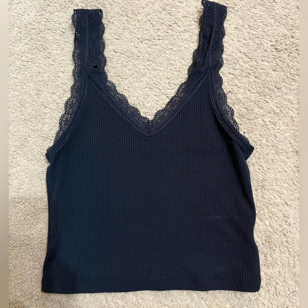 American Eagle Outfitters Navy Lace Trim Top